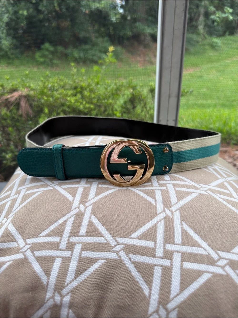 Gucci Green and Cream Web Belt with Gold Double G Buckle